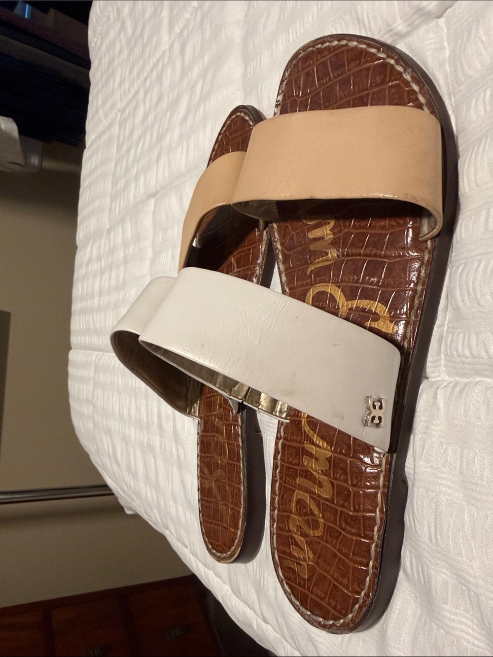 Sam Edelman Two-Band Slide Sandals in Tan, White and Brown Footbed - Picture 2 of 6